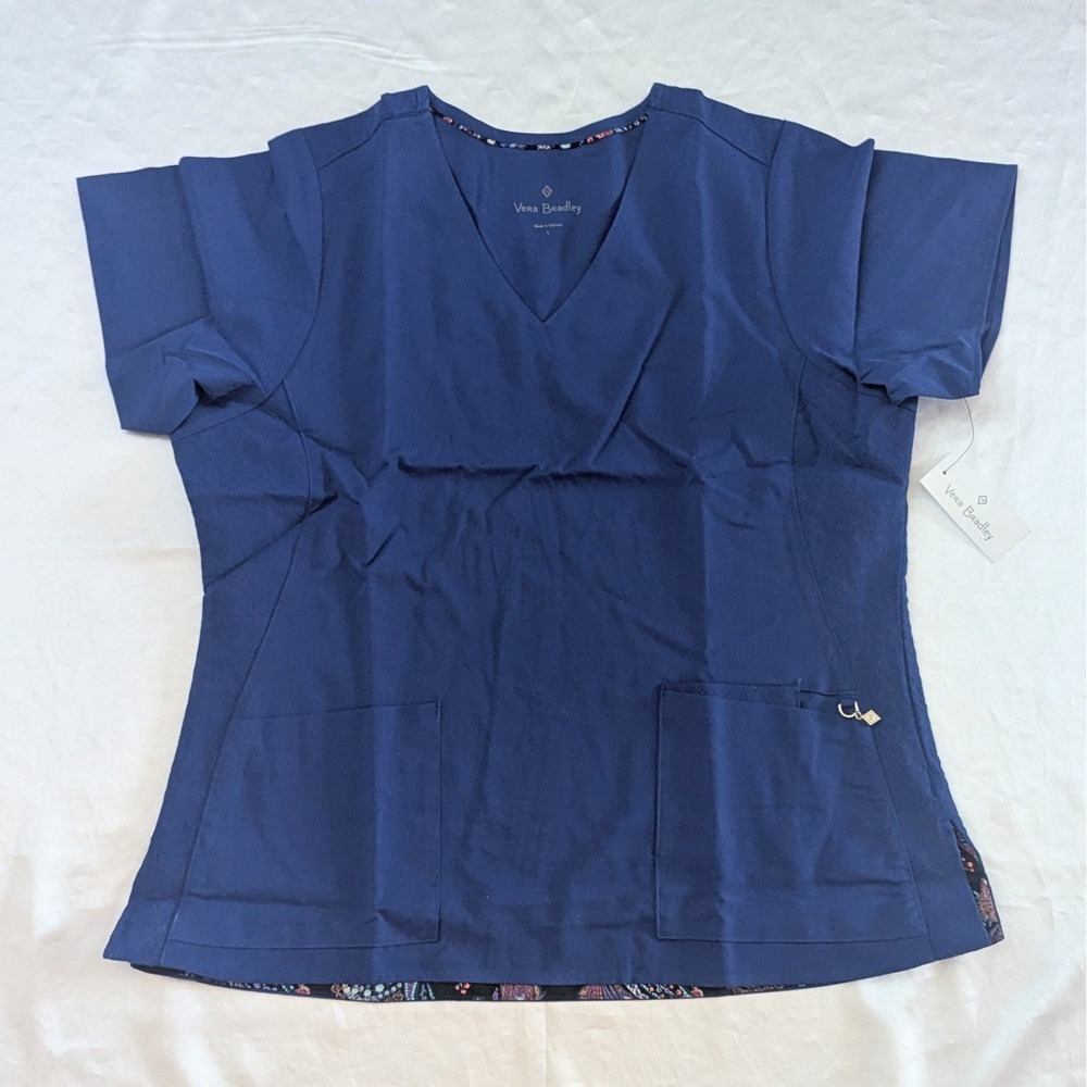 New Vera Bradley Medical Nurse Doctor Uniform Scrub‎ Top V-Neck Dark Blue Large